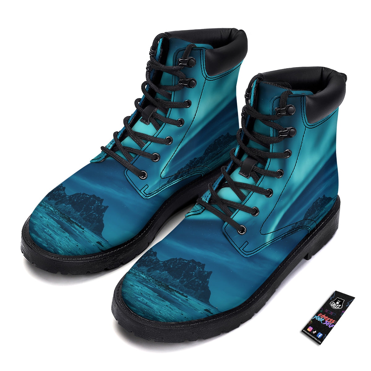 Blue Northern Lights And Mountain Print Boots-grizzshop