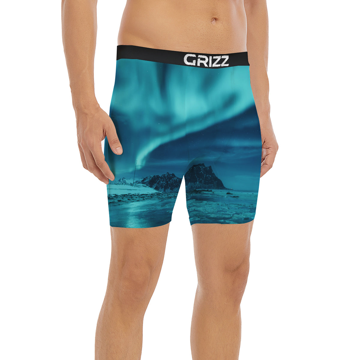 Blue Northern Lights And Mountain Print Boxer Briefs-grizzshop