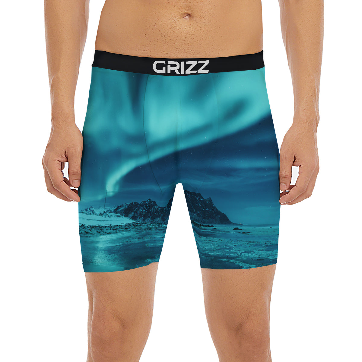 Blue Northern Lights And Mountain Print Boxer Briefs-grizzshop