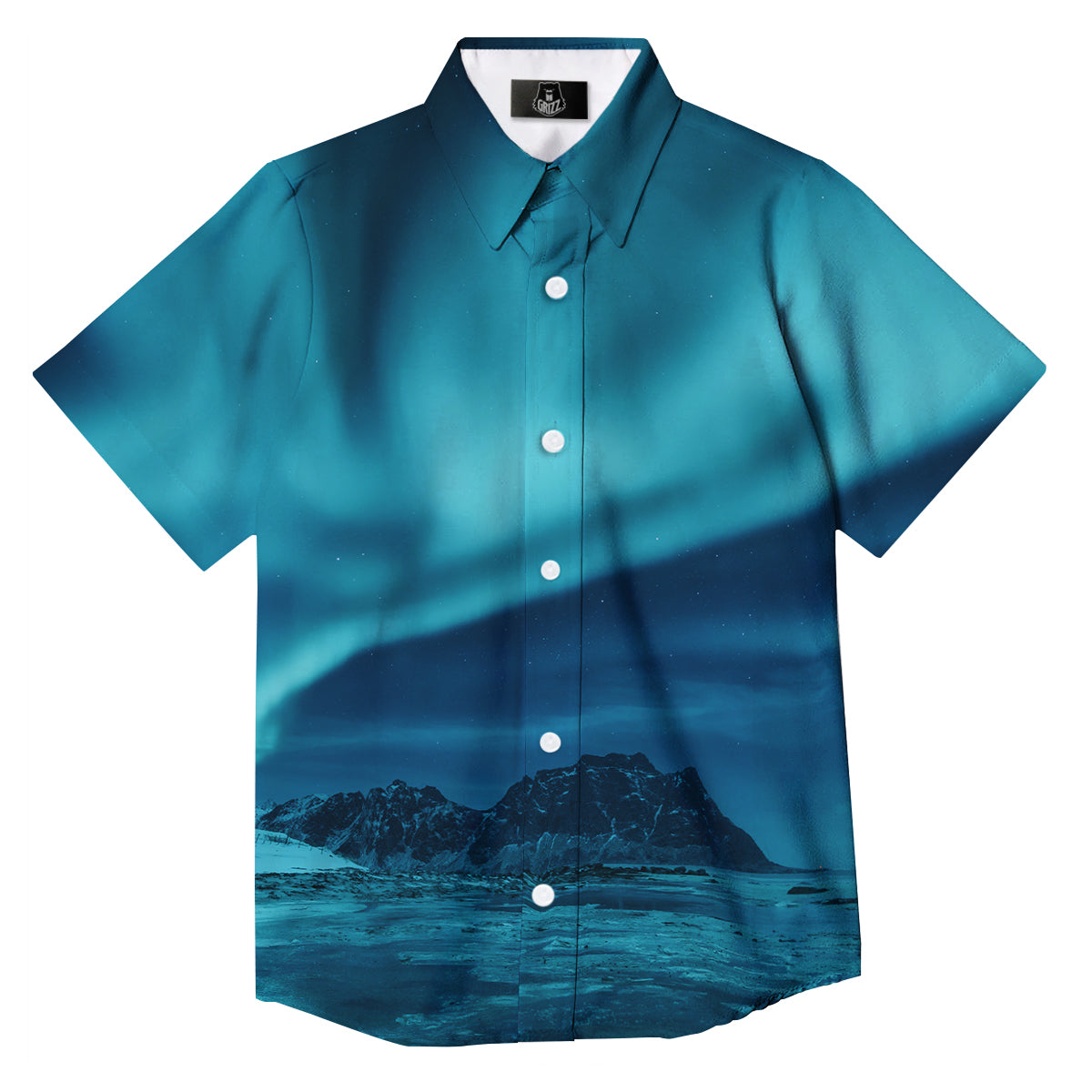 Blue Northern Lights And Mountain Print Button Up Shirt-grizzshop