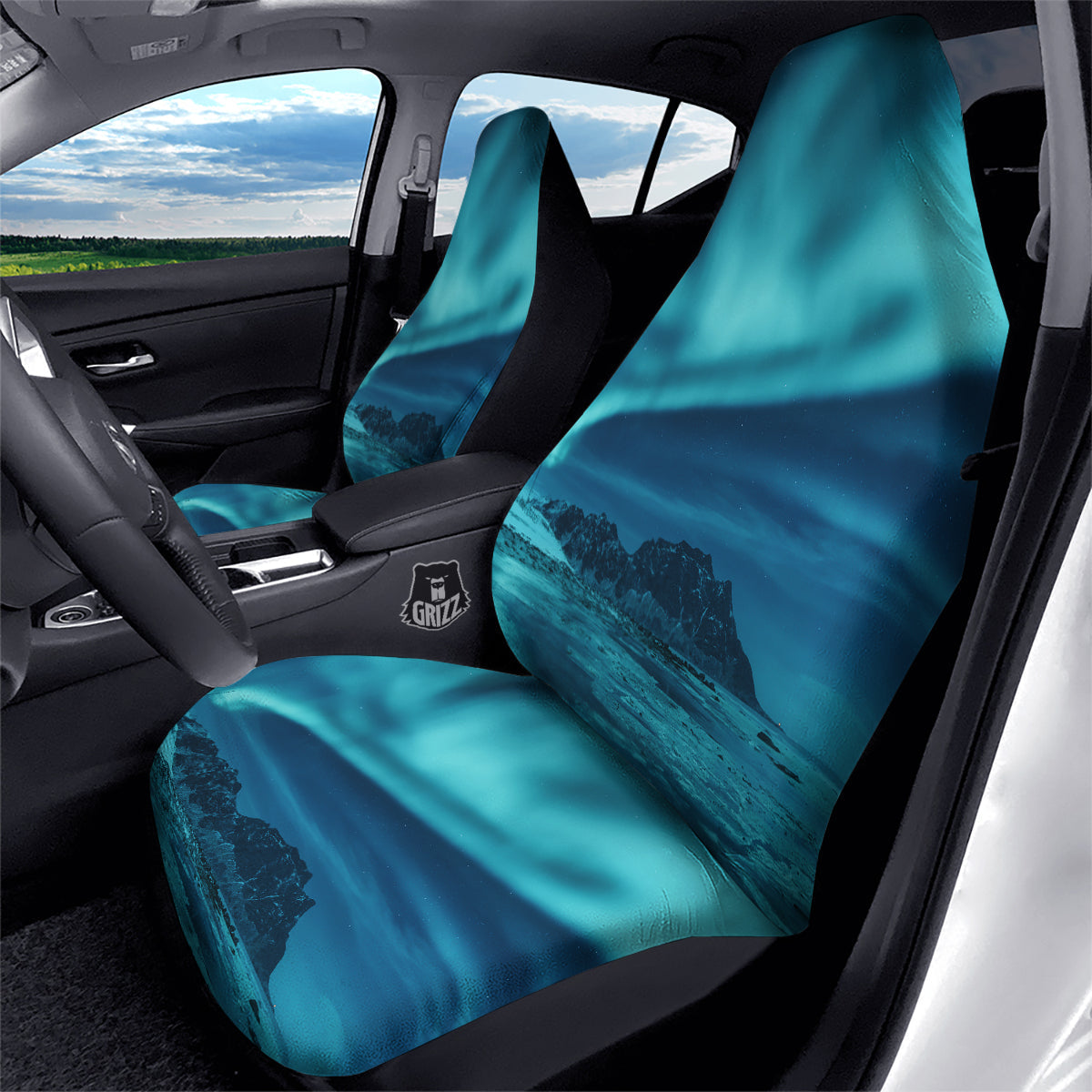 Blue Northern Lights And Mountain Print Car Seat Covers-grizzshop