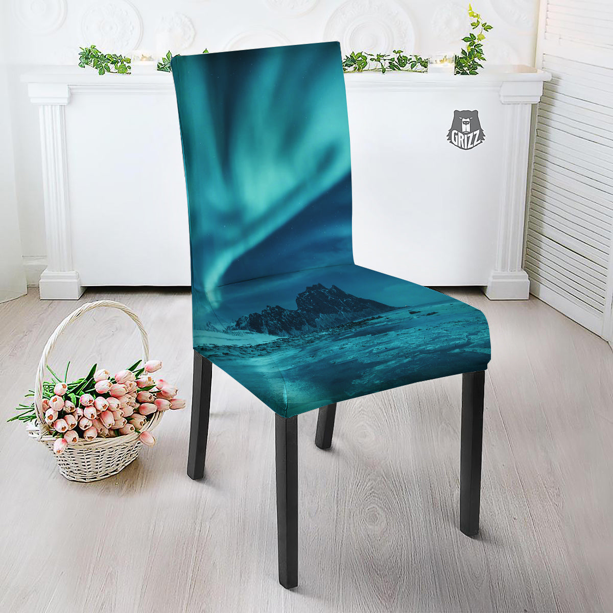 Blue Northern Lights And Mountain Print Dining Chair Slipcover-grizzshop
