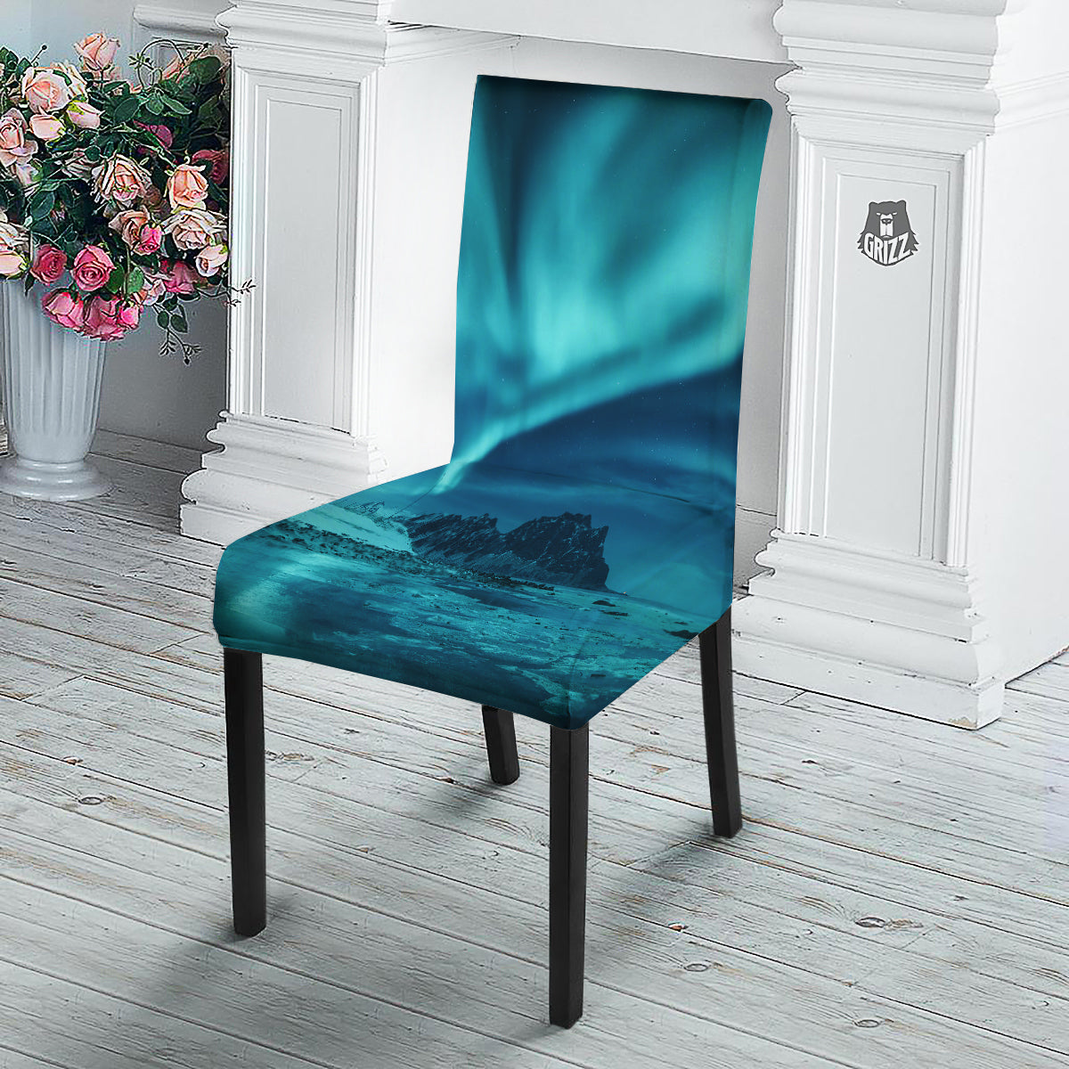 Blue Northern Lights And Mountain Print Dining Chair Slipcover-grizzshop