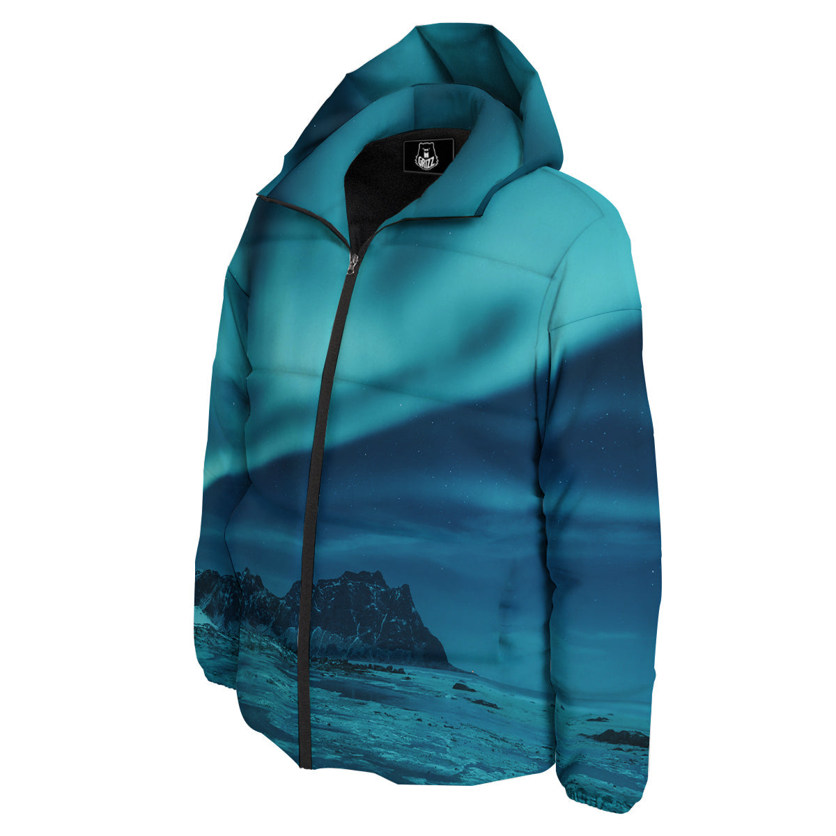 Blue Northern Lights And Mountain Print Down Jacket-grizzshop