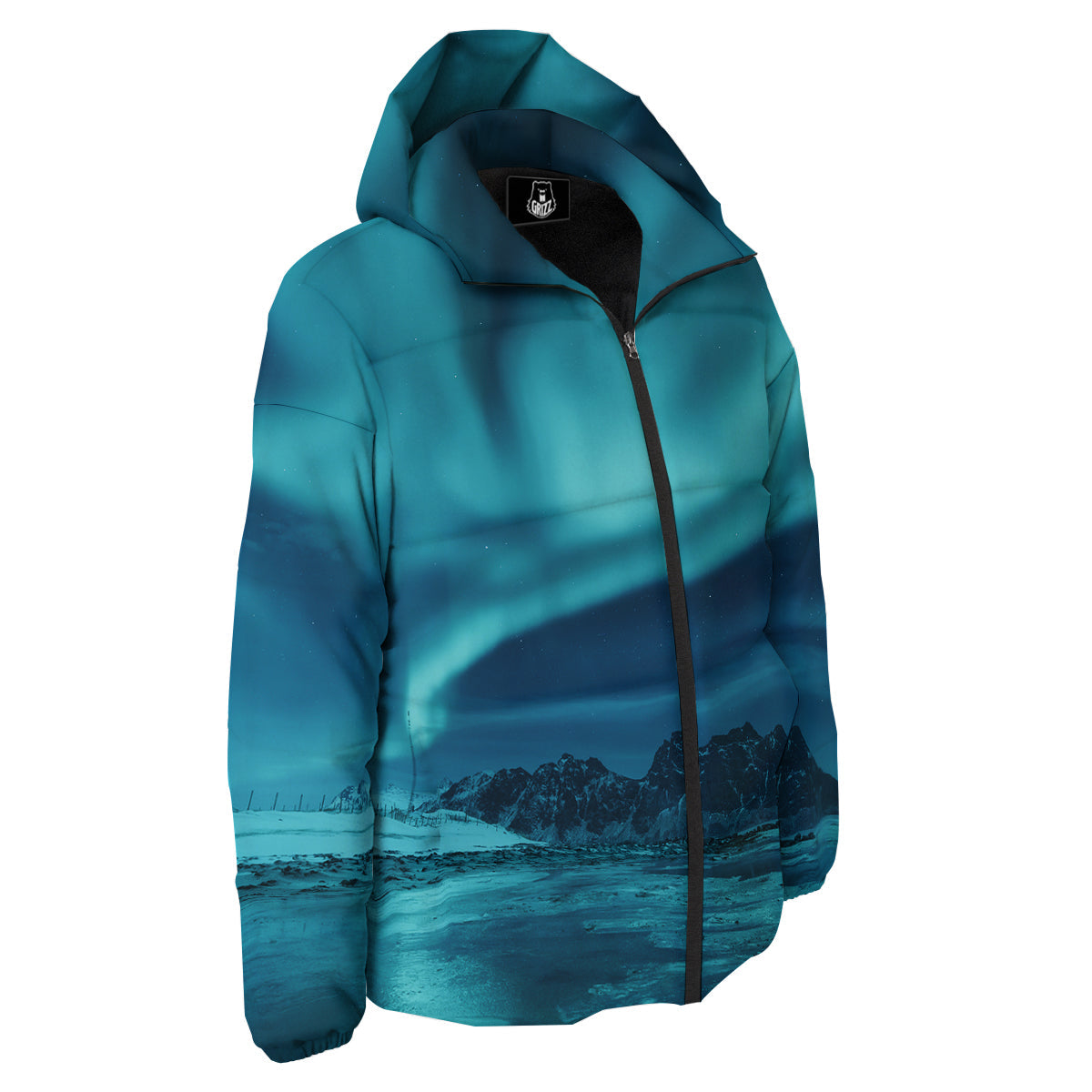 Blue Northern Lights And Mountain Print Down Jacket-grizzshop