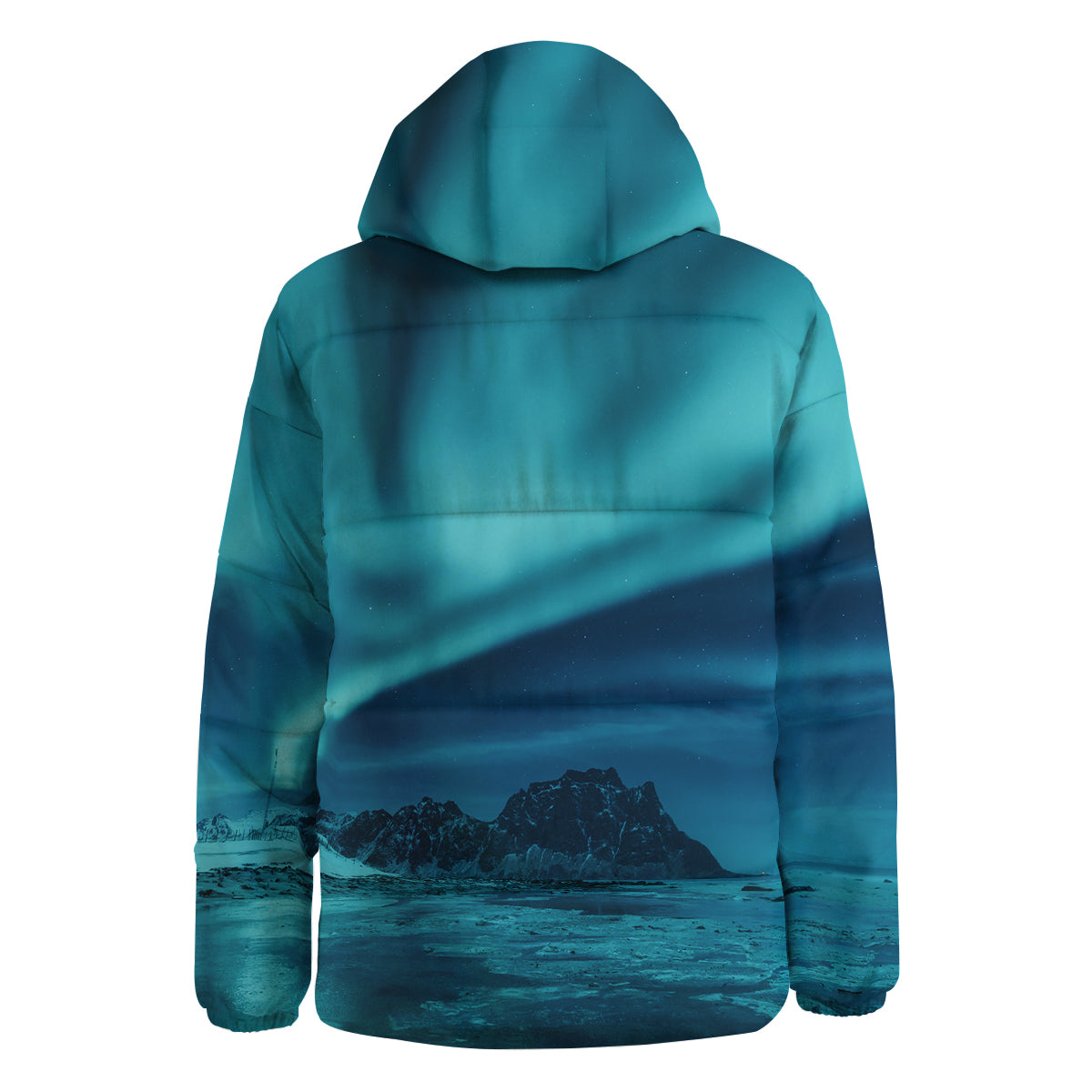 Blue Northern Lights And Mountain Print Down Jacket-grizzshop