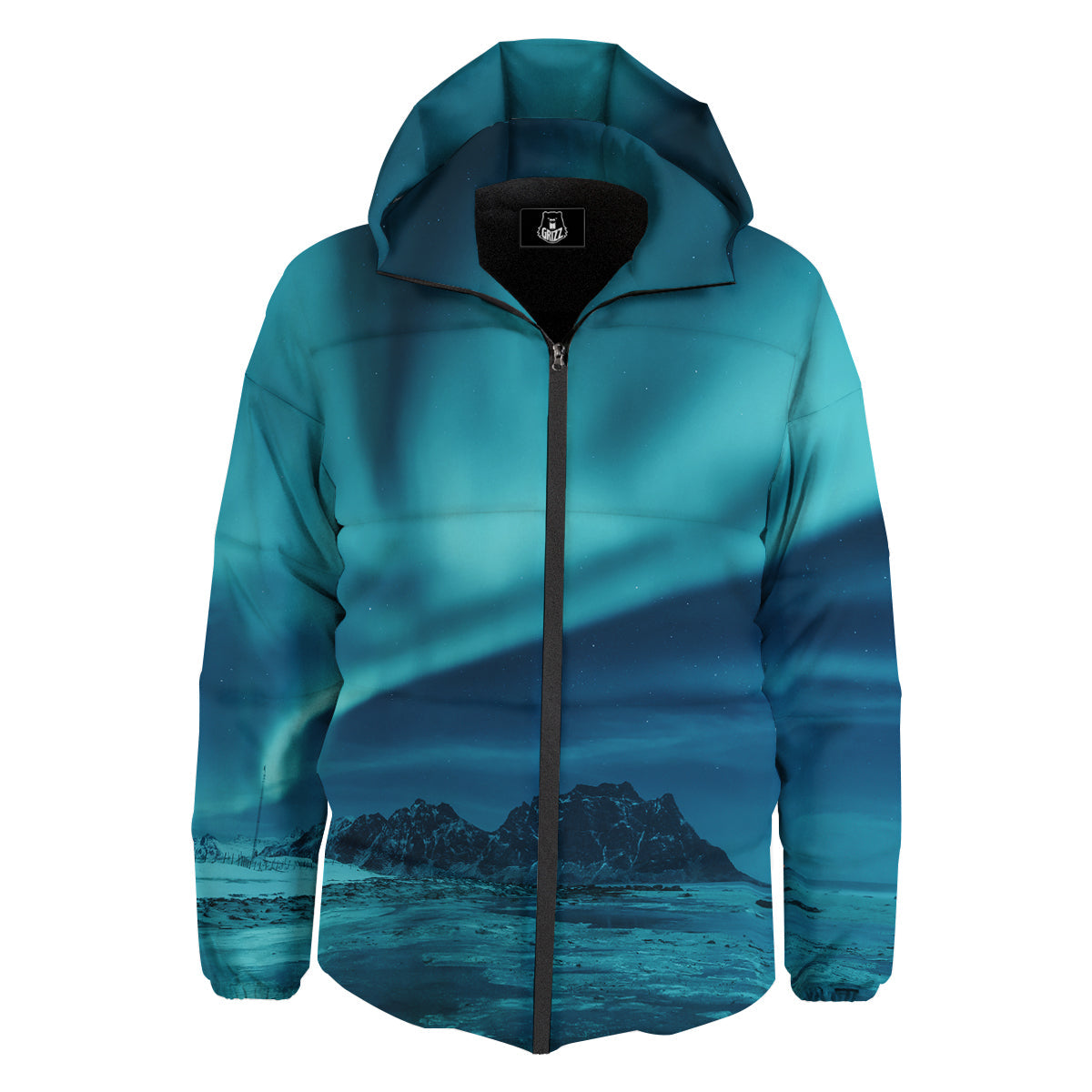 Blue Northern Lights And Mountain Print Down Jacket-grizzshop