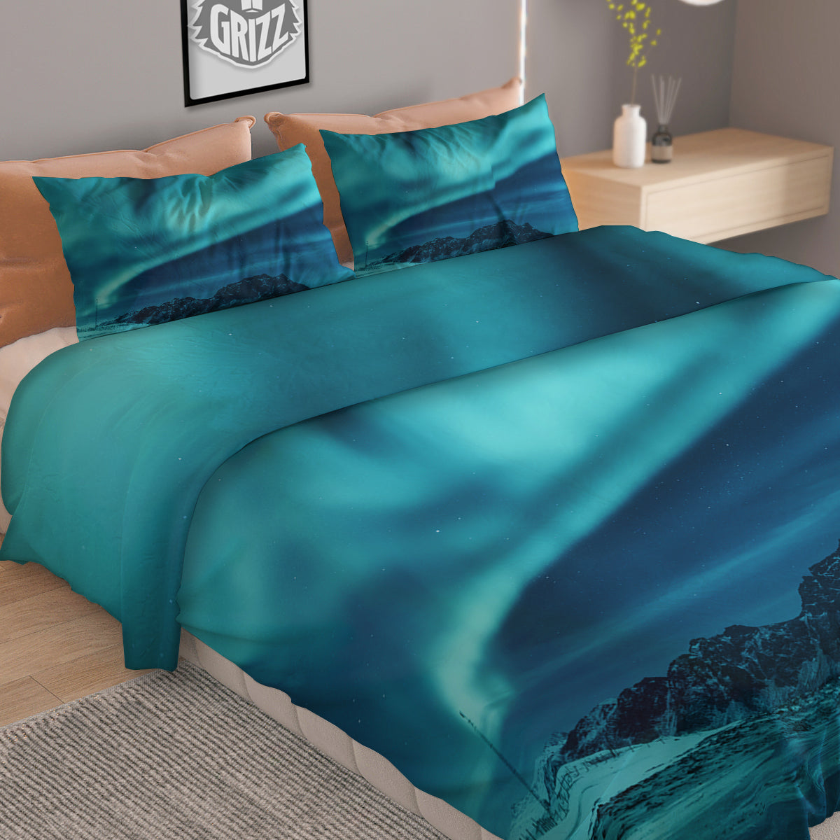Blue Northern Lights And Mountain Print Duvet Cover Bedding Set