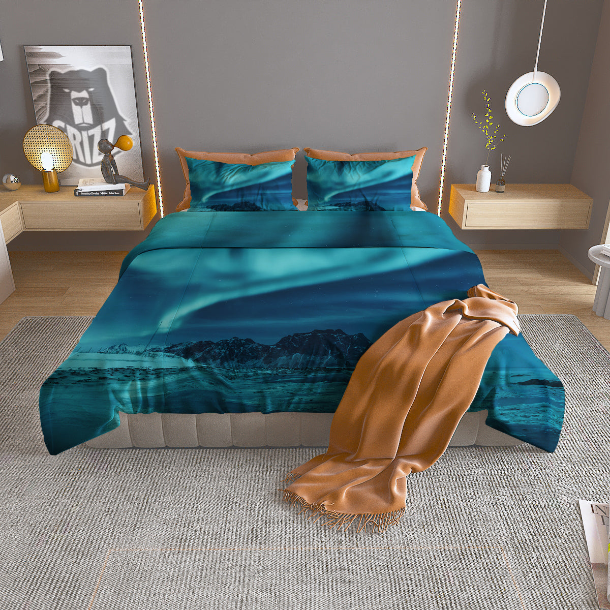 Blue Northern Lights And Mountain Print Duvet Cover Bedding Set