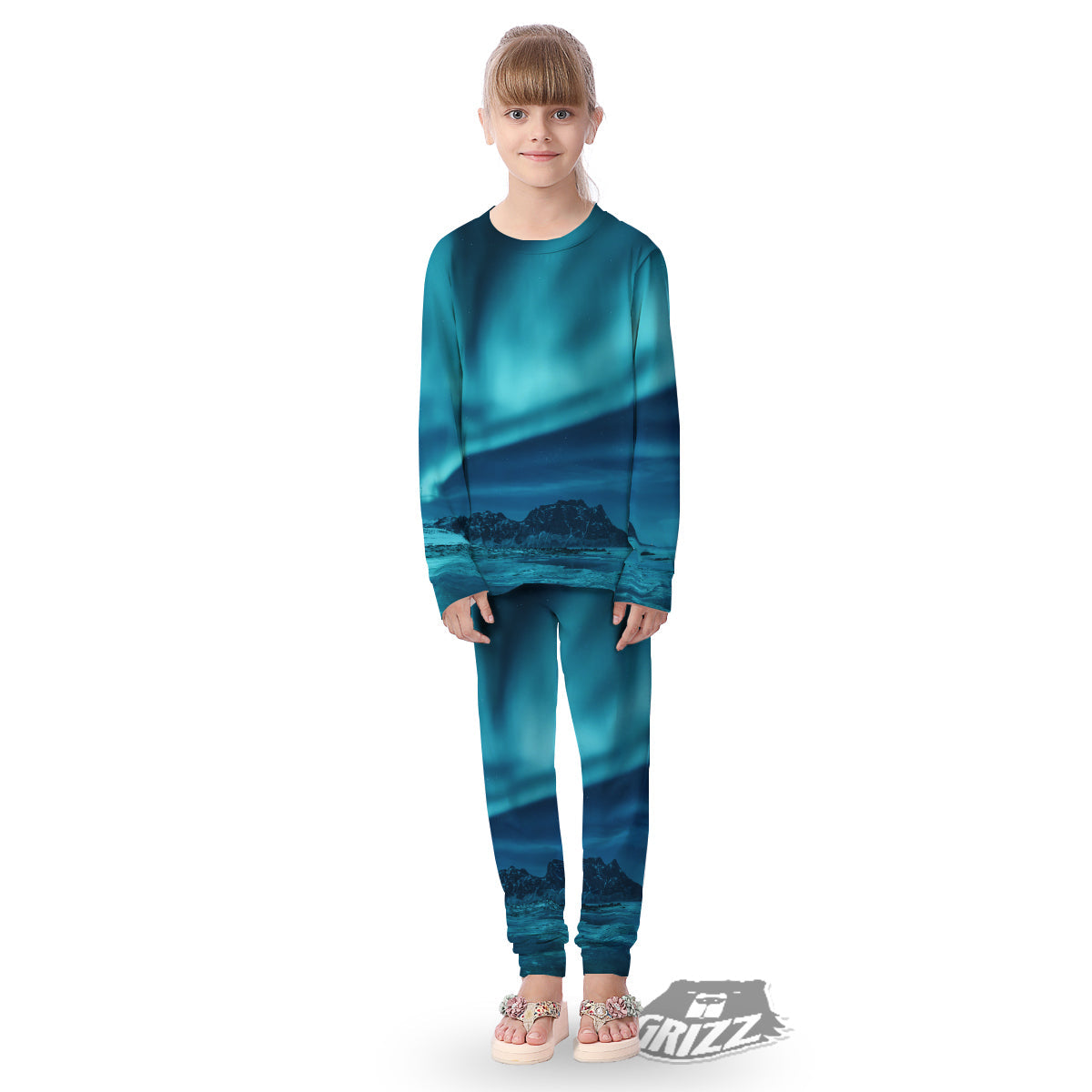 Blue Northern Lights And Mountain Print Kid's Pajamas-grizzshop