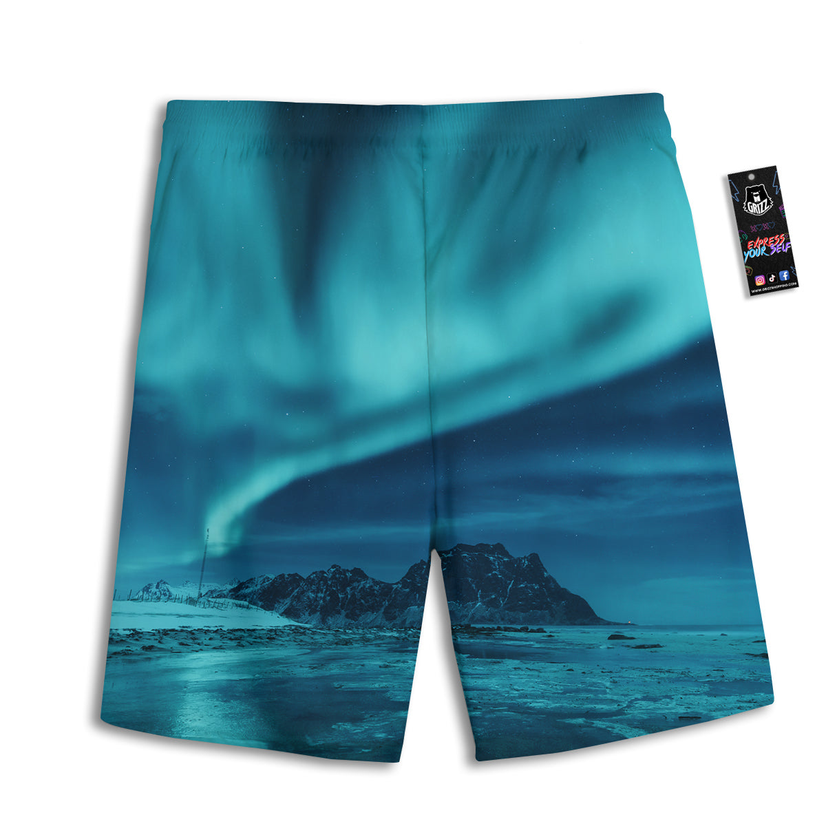 Blue Northern Lights And Mountain Print Men's Athletic Shorts
