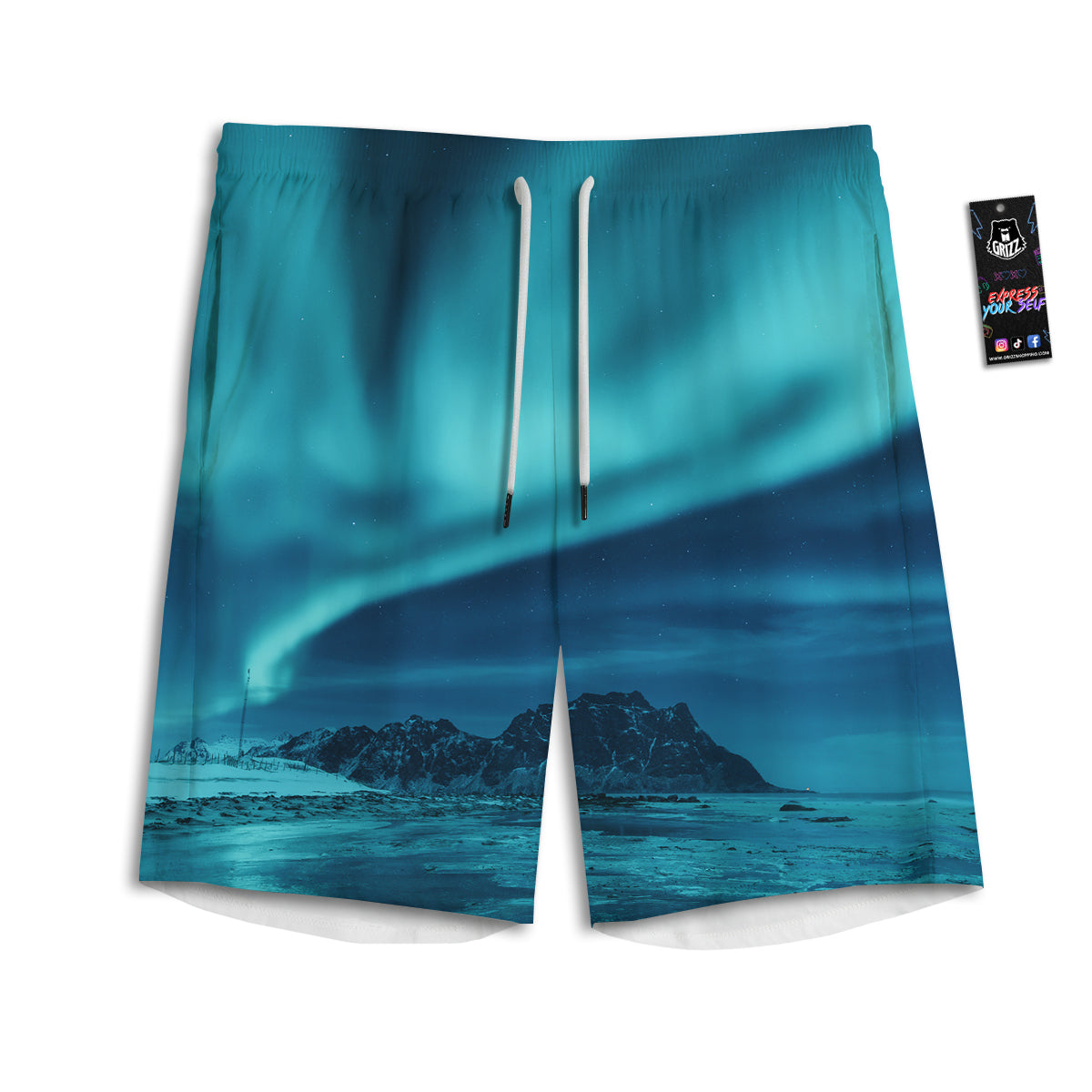 Blue Northern Lights And Mountain Print Men's Athletic Shorts
