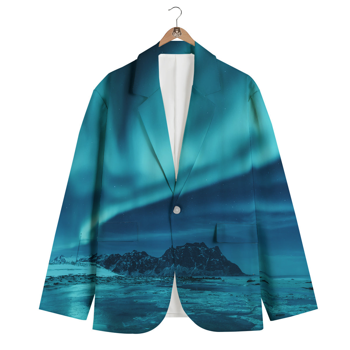Blue Northern Lights And Mountain Print Men's Blazer-grizzshop