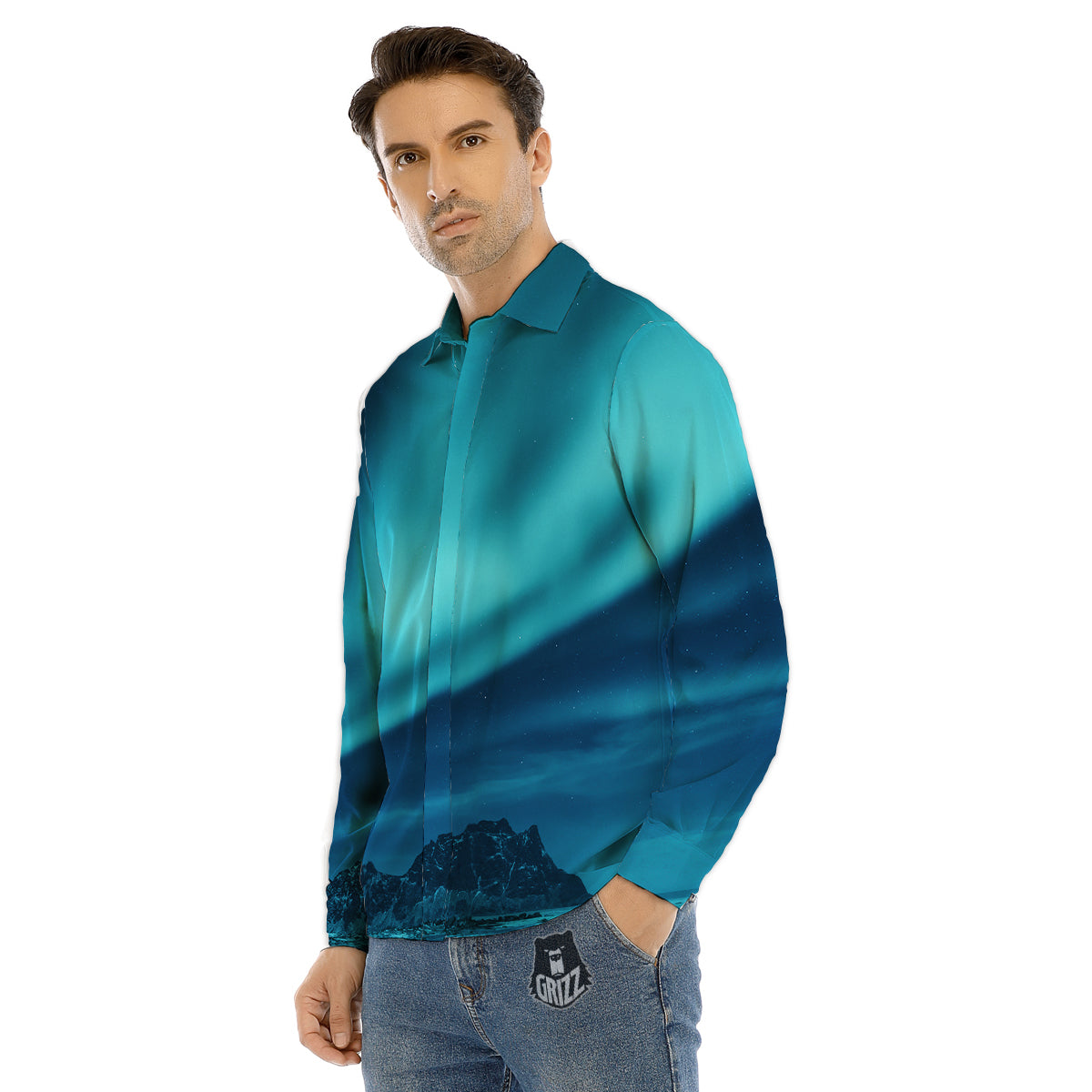 Blue Northern Lights And Mountain Print Men's Dress Shirts-grizzshop
