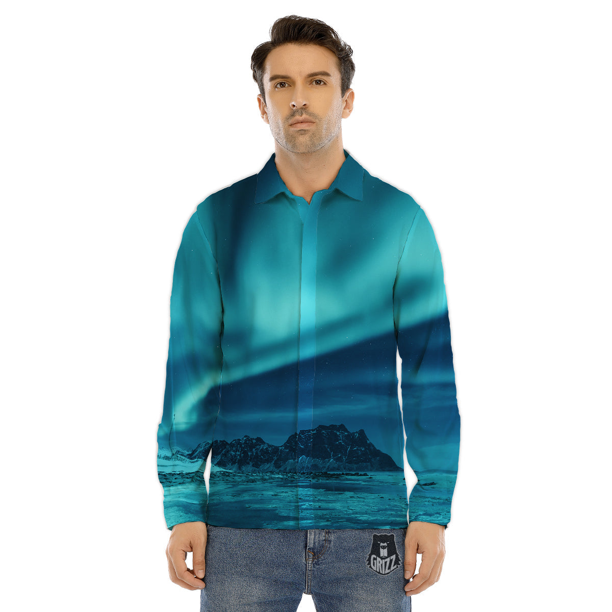 Blue Northern Lights And Mountain Print Men's Dress Shirts-grizzshop