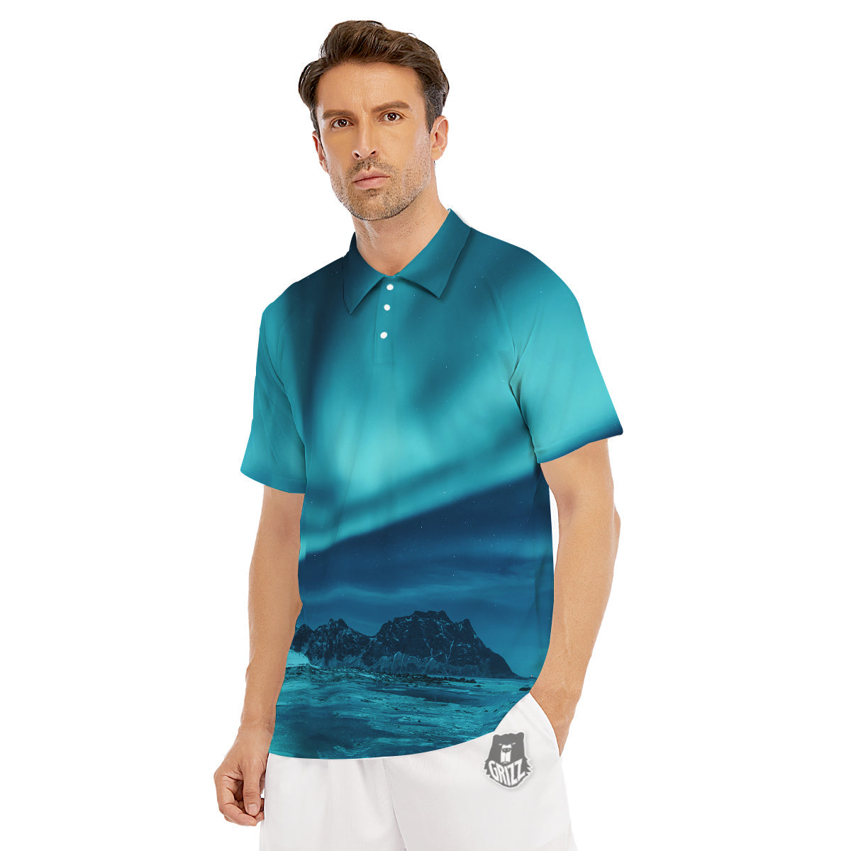Blue Northern Lights And Mountain Print Men's Golf Shirts-grizzshop
