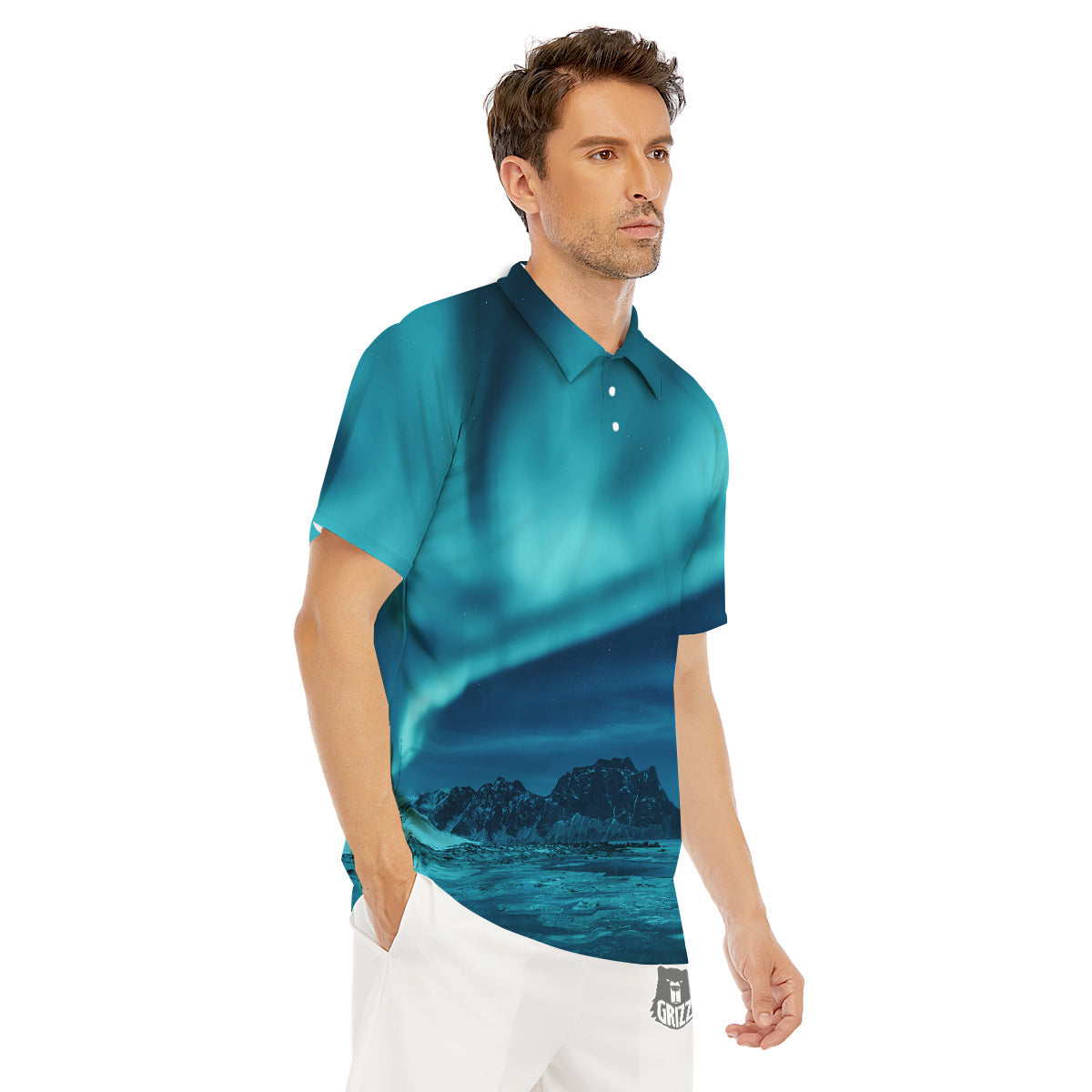 Blue Northern Lights And Mountain Print Men's Golf Shirts-grizzshop