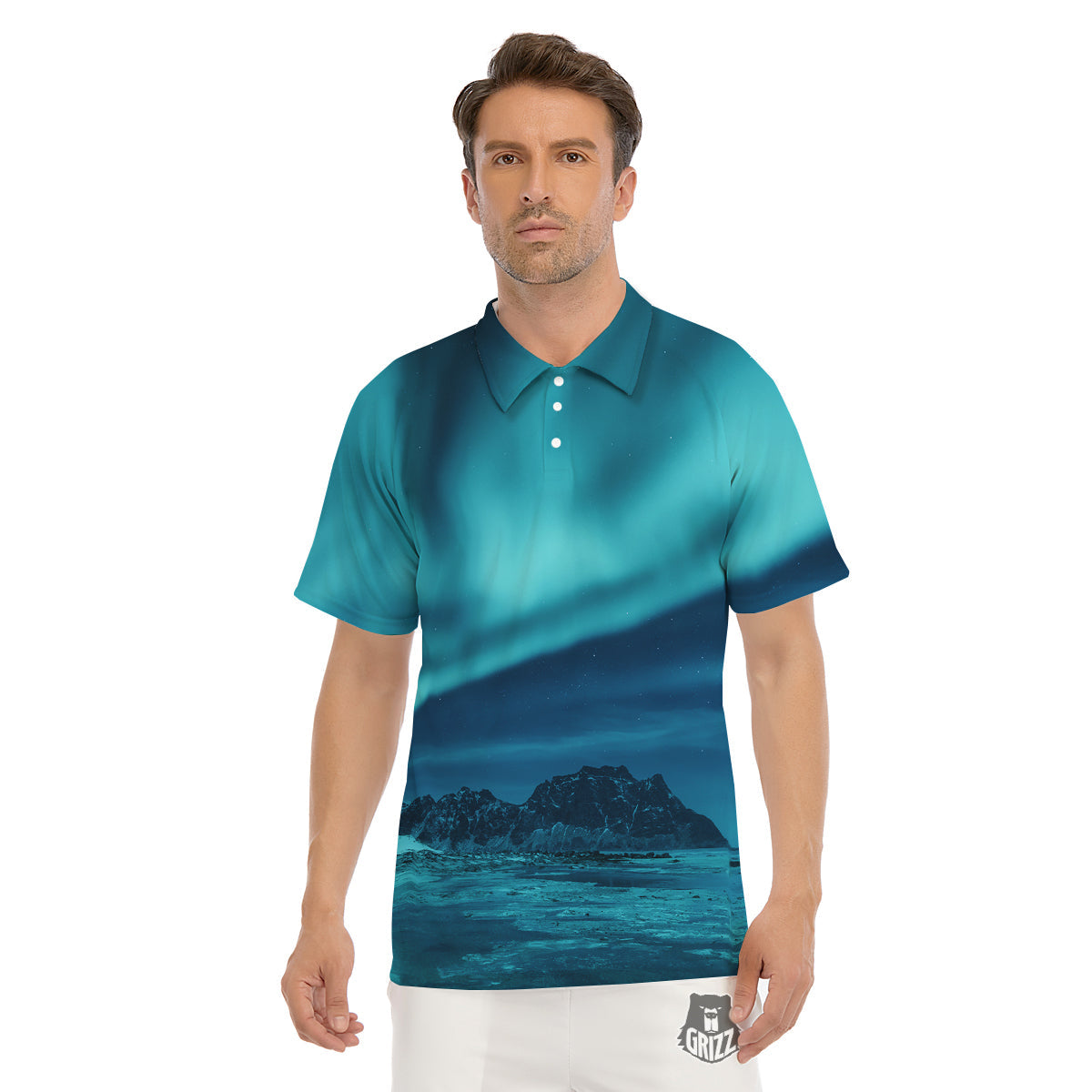 Blue Northern Lights And Mountain Print Men's Golf Shirts-grizzshop