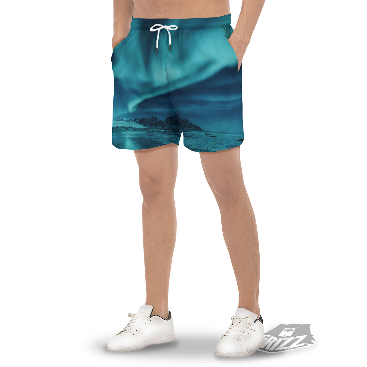 Blue Northern Lights And Mountain Print Men's Gym Shorts-grizzshop