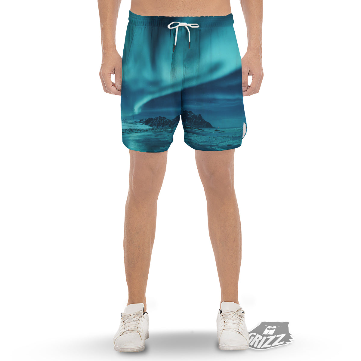 Blue Northern Lights And Mountain Print Men's Gym Shorts-grizzshop