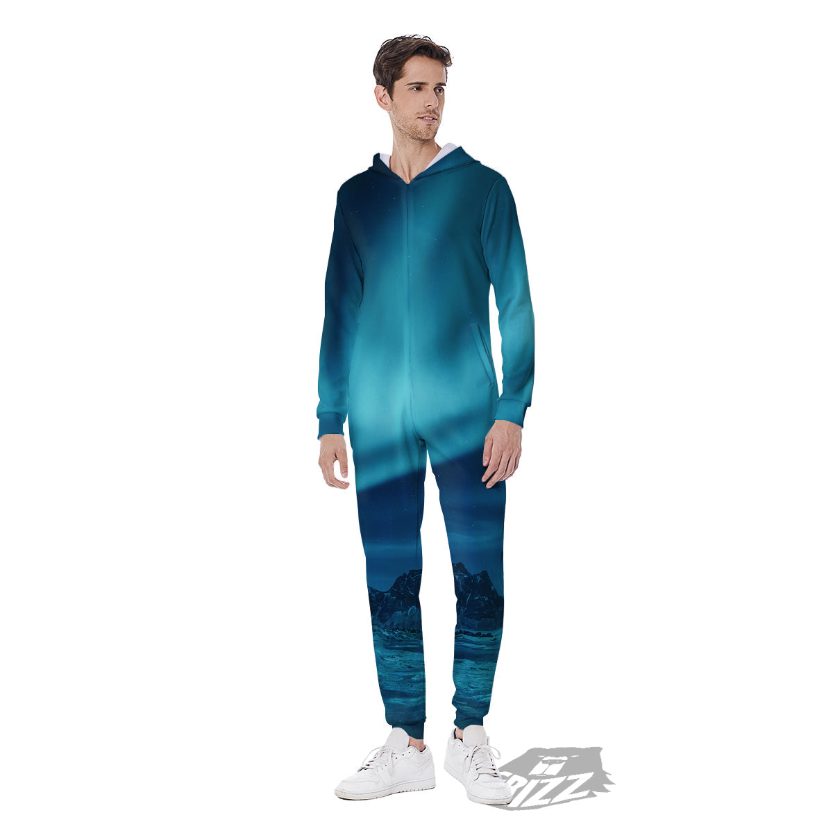 Blue Northern Lights And Mountain Print Men's Jumpsuit-grizzshop