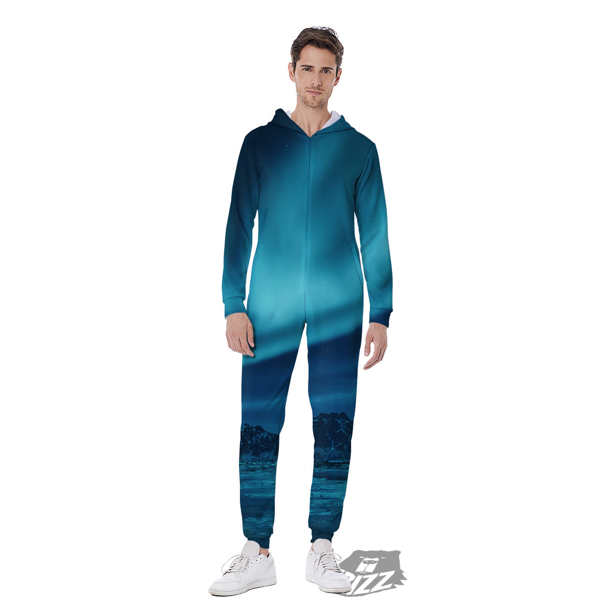 Blue Northern Lights And Mountain Print Men's Jumpsuit-grizzshop