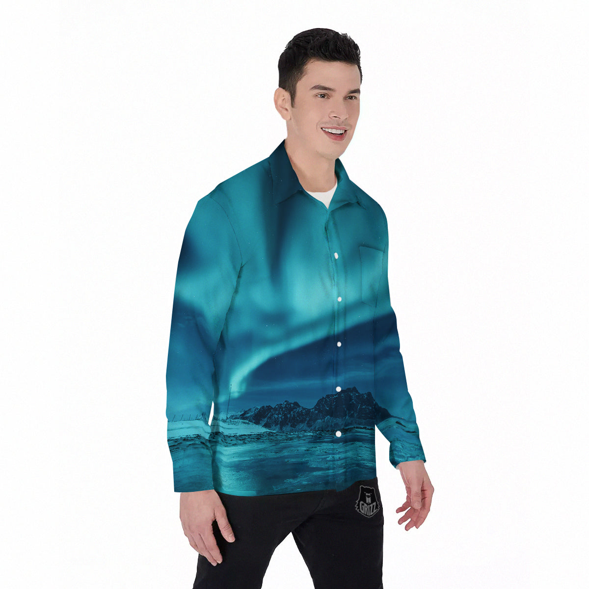 Blue Northern Lights And Mountain Print Men's Long Sleeve Shirts-grizzshop
