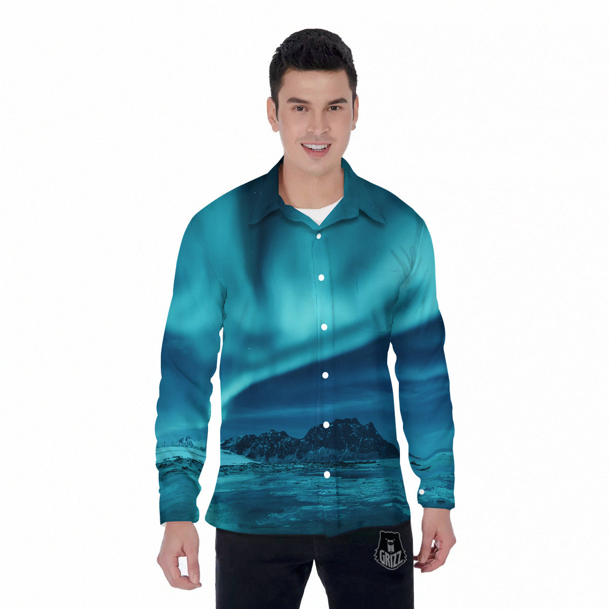 Blue Northern Lights And Mountain Print Men's Long Sleeve Shirts-grizzshop
