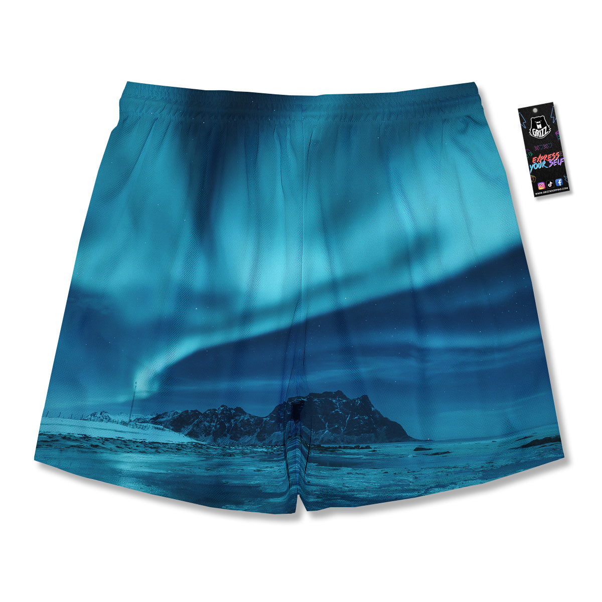 Blue Northern Lights And Mountain Print Men's Running Shorts-grizzshop