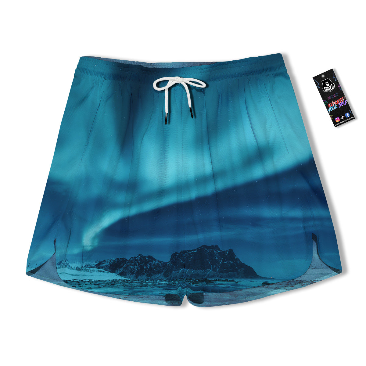 Blue Northern Lights And Mountain Print Men's Running Shorts-grizzshop
