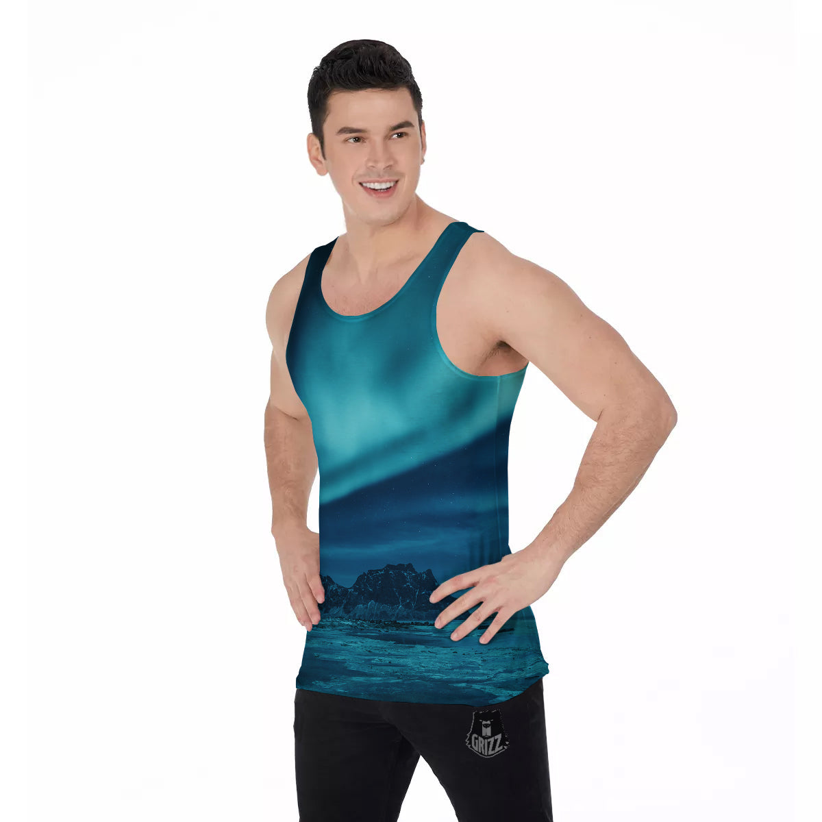 Blue Northern Lights And Mountain Print Men's Tank Top-grizzshop