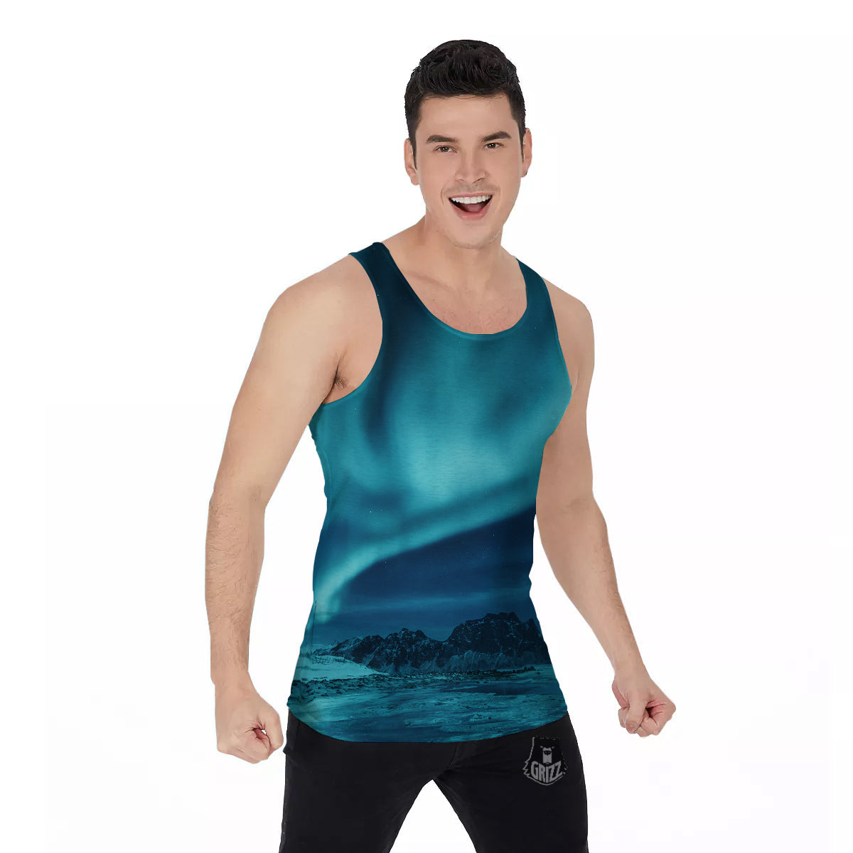 Blue Northern Lights And Mountain Print Men's Tank Top-grizzshop
