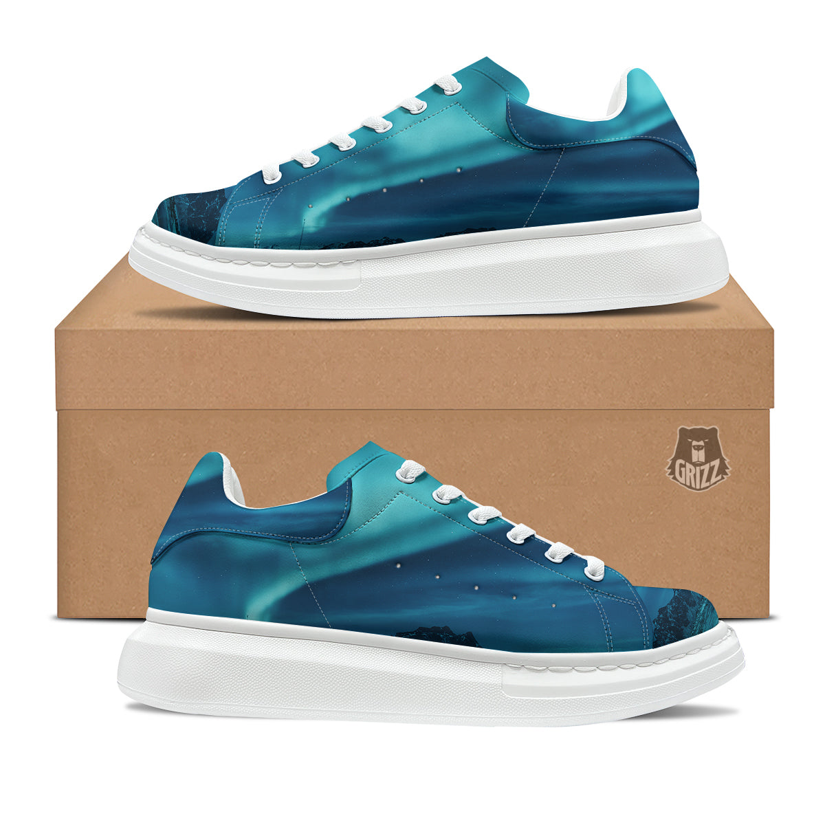 Blue Northern Lights And Mountain Print Platform Shoes-grizzshop