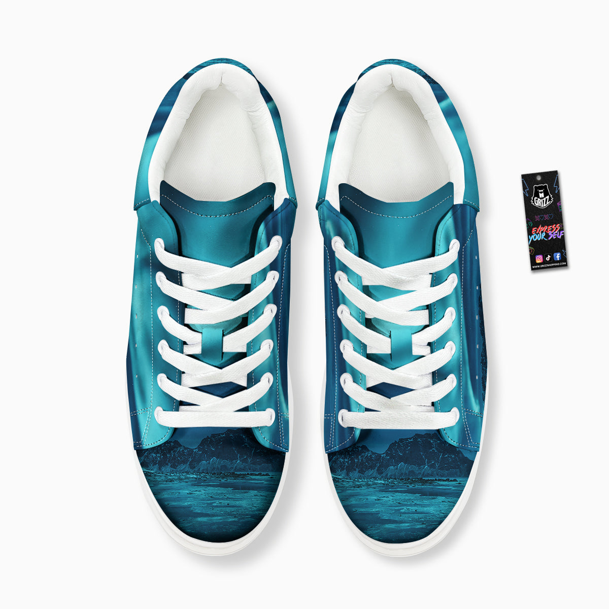 Blue Northern Lights And Mountain Print Platform Shoes-grizzshop