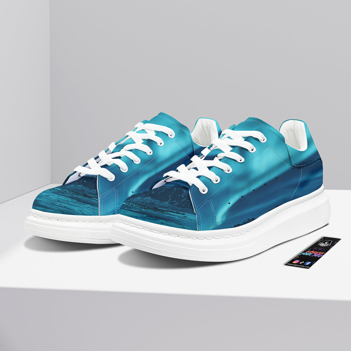 Blue Northern Lights And Mountain Print Platform Shoes-grizzshop