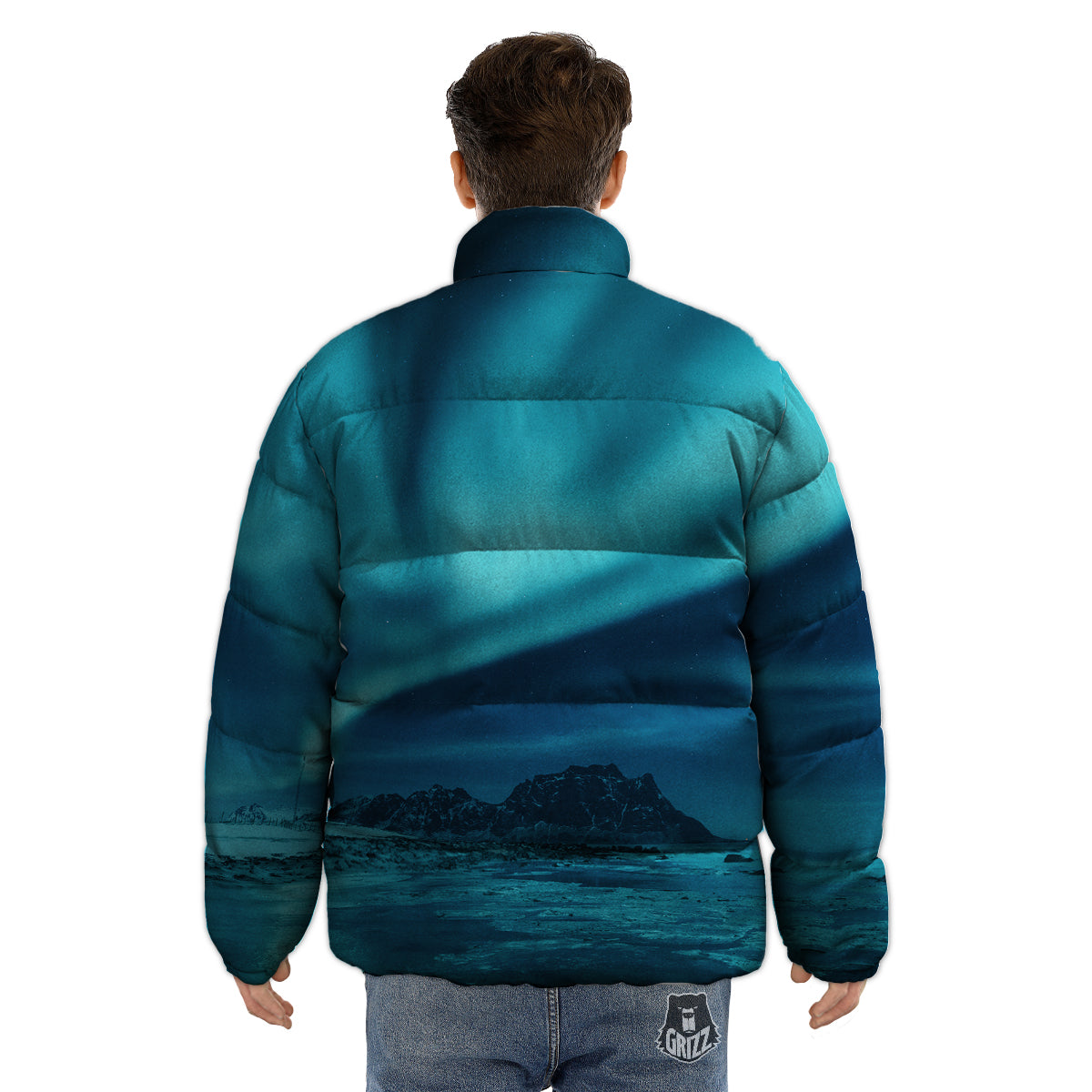 Blue Northern Lights And Mountain Print Puffer Jacket-grizzshop