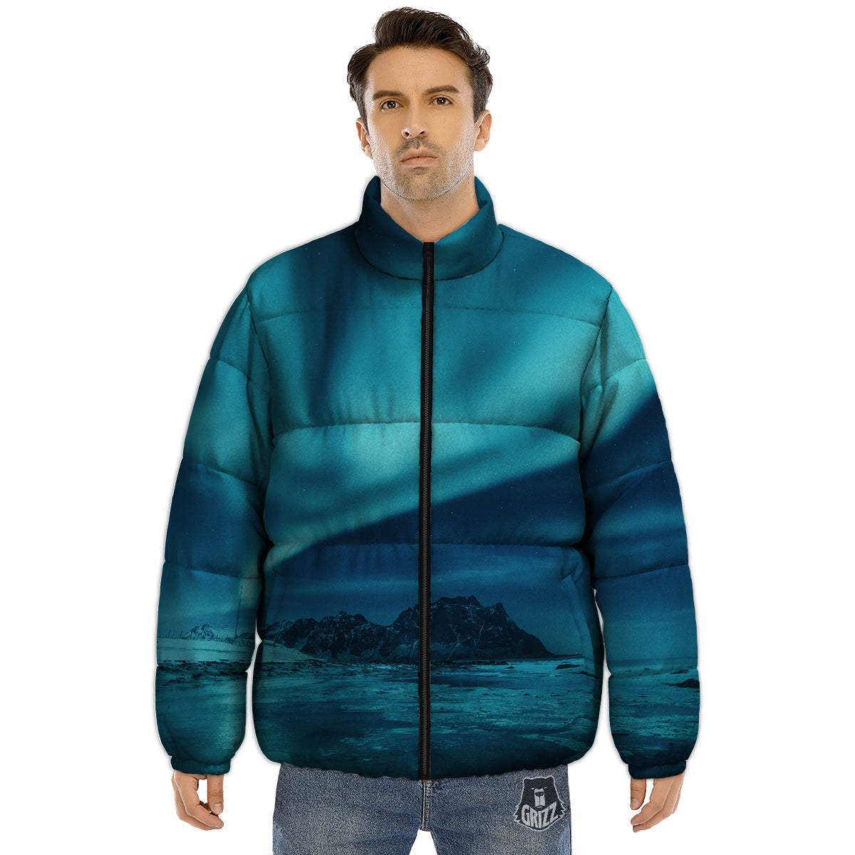 Blue Northern Lights And Mountain Print Puffer Jacket-grizzshop