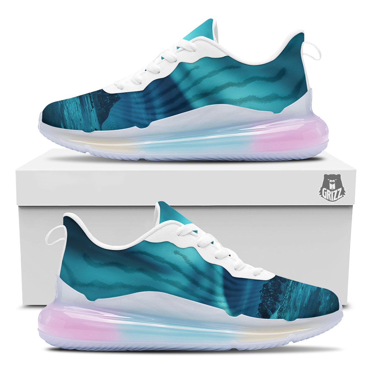 Blue Northern Lights And Mountain Print Running Sneakers-grizzshop