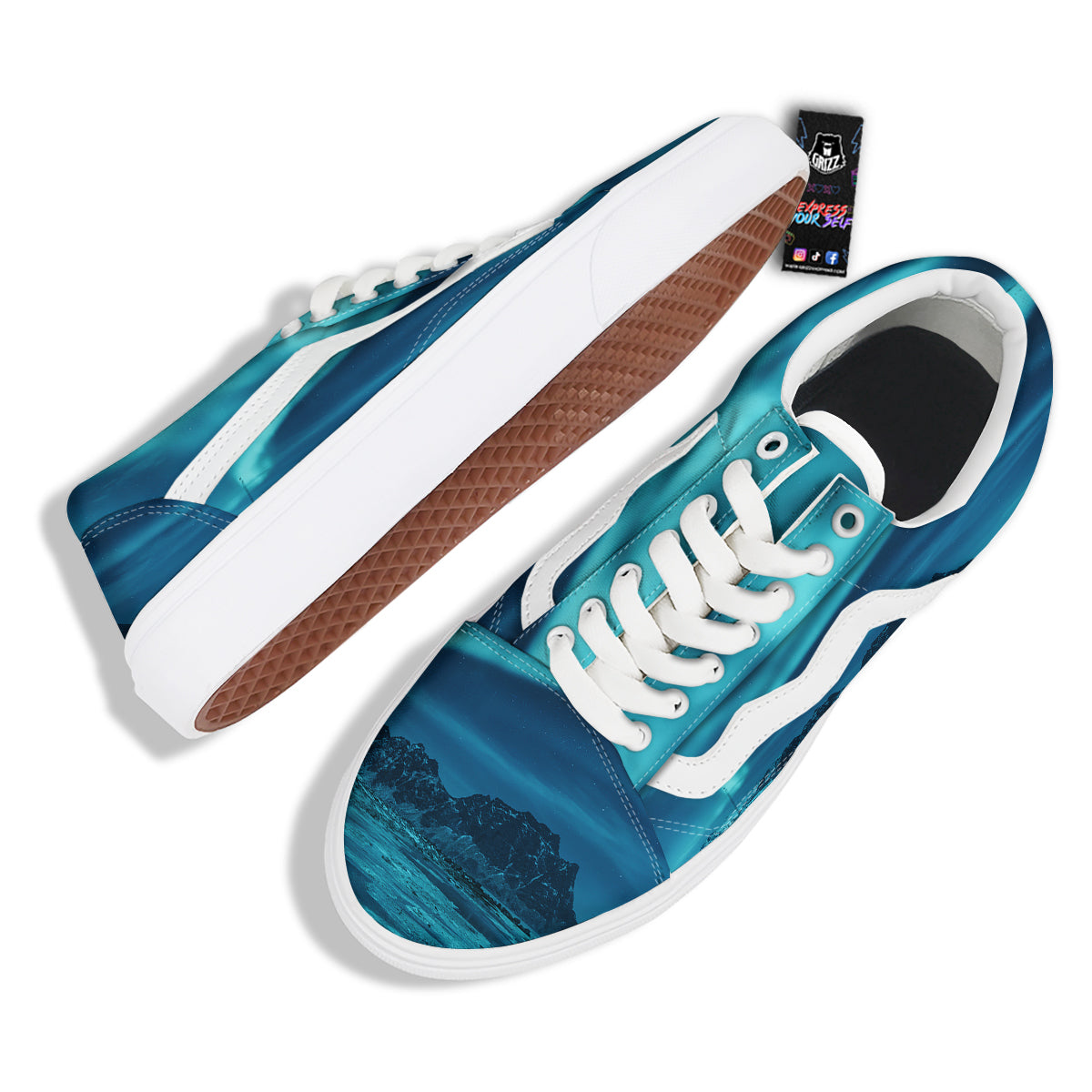 Blue Northern Lights And Mountain Print Skate Shoes-grizzshop