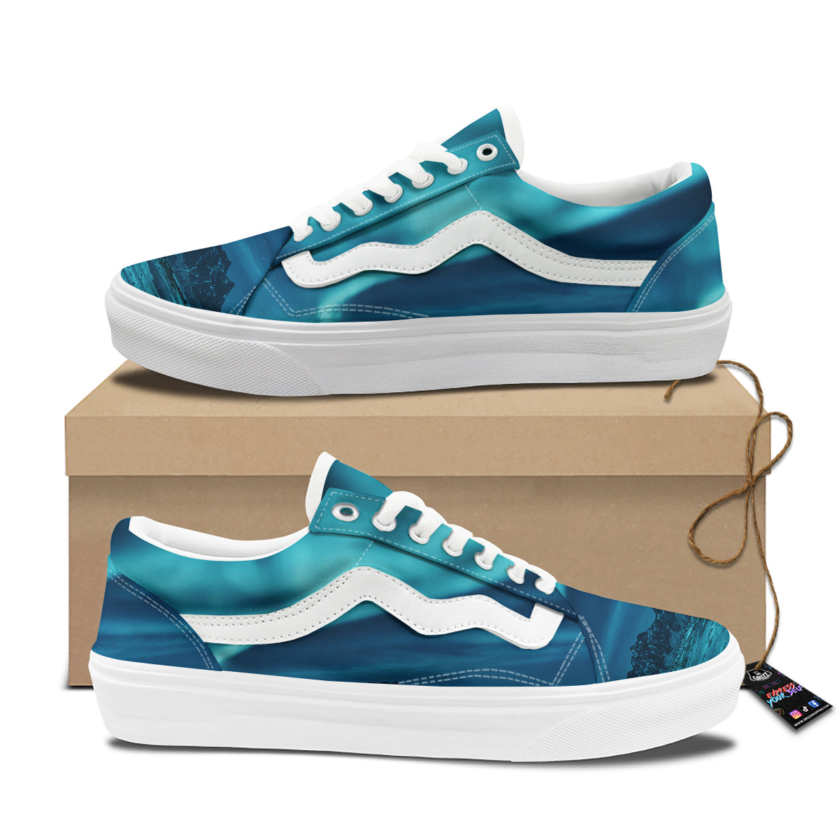 Blue Northern Lights And Mountain Print Skate Shoes-grizzshop