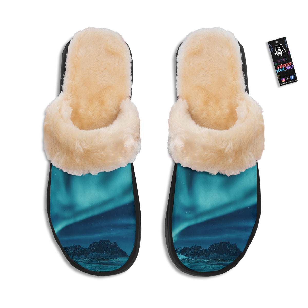 Blue Northern Lights And Mountain Print Slippers-grizzshop