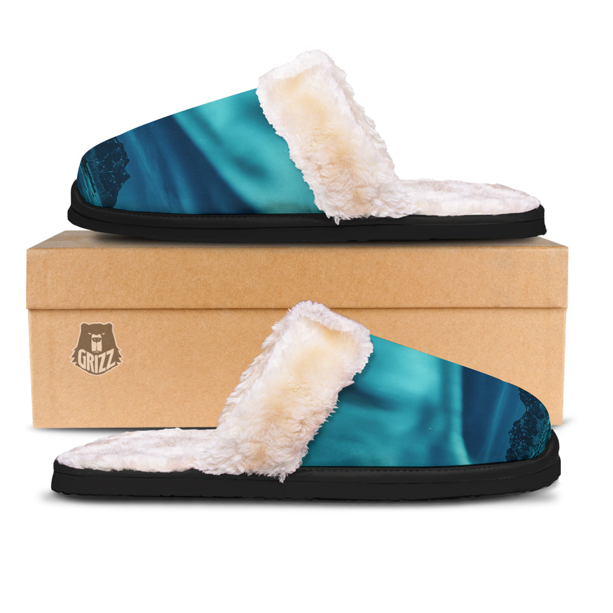 Blue Northern Lights And Mountain Print Slippers-grizzshop