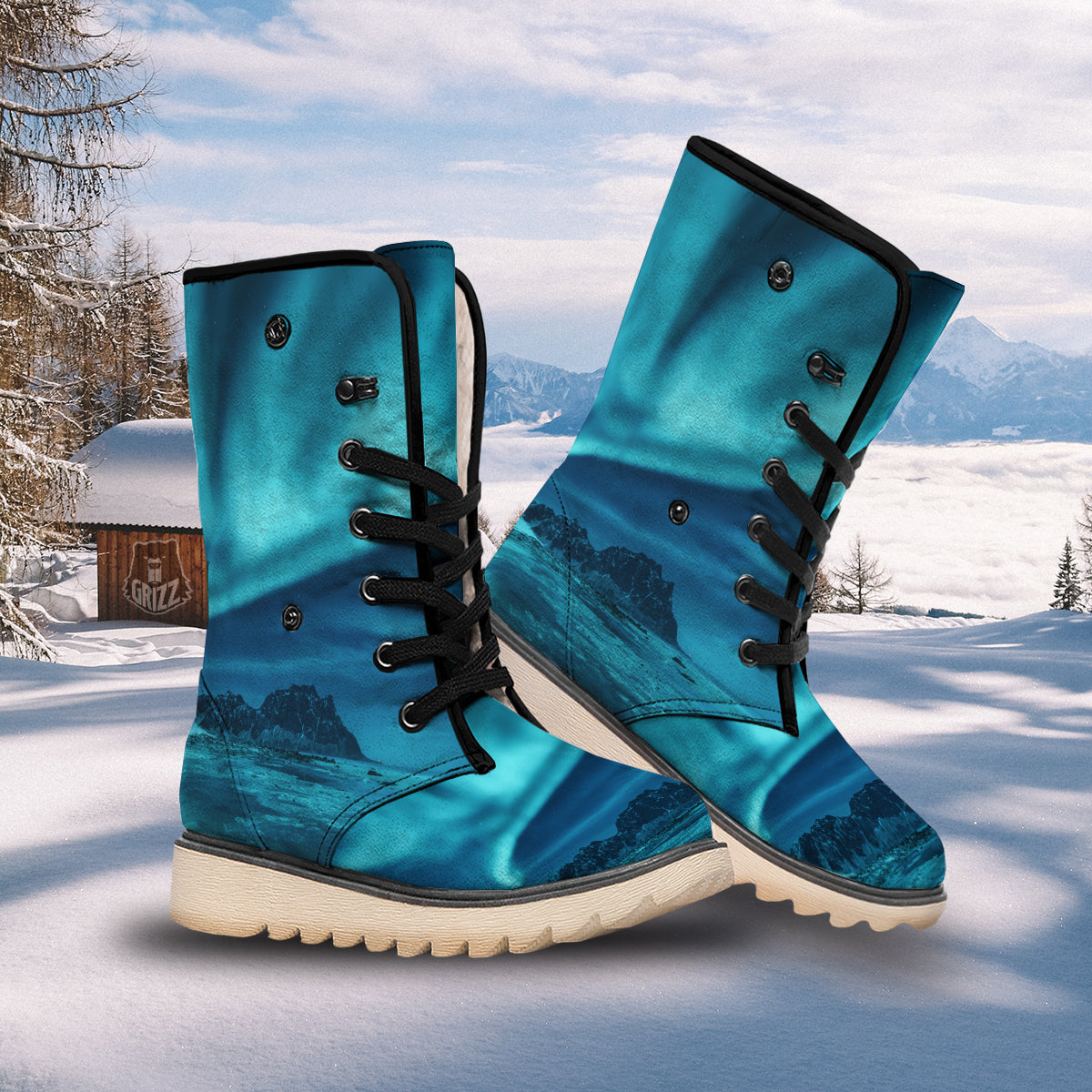 Blue Northern Lights And Mountain Print Snow Boots-grizzshop
