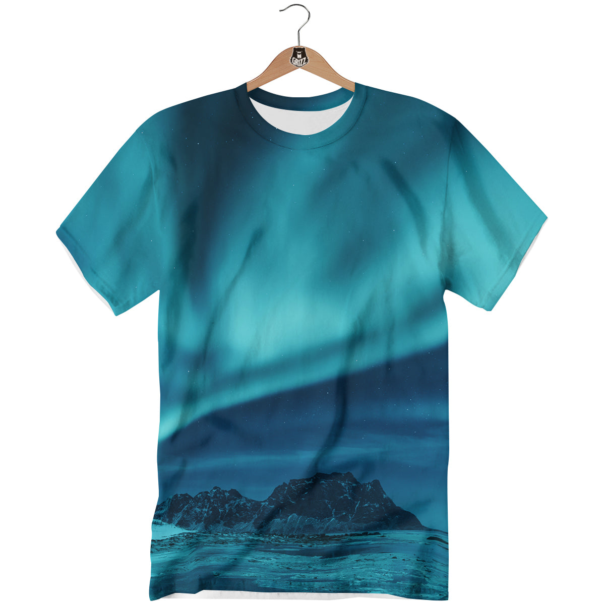 Blue Northern Lights And Mountain Print T-Shirt-grizzshop