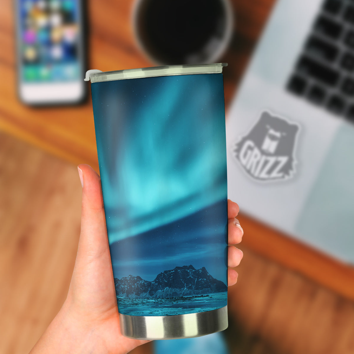Blue Northern Lights And Mountain Print Tumbler-grizzshop