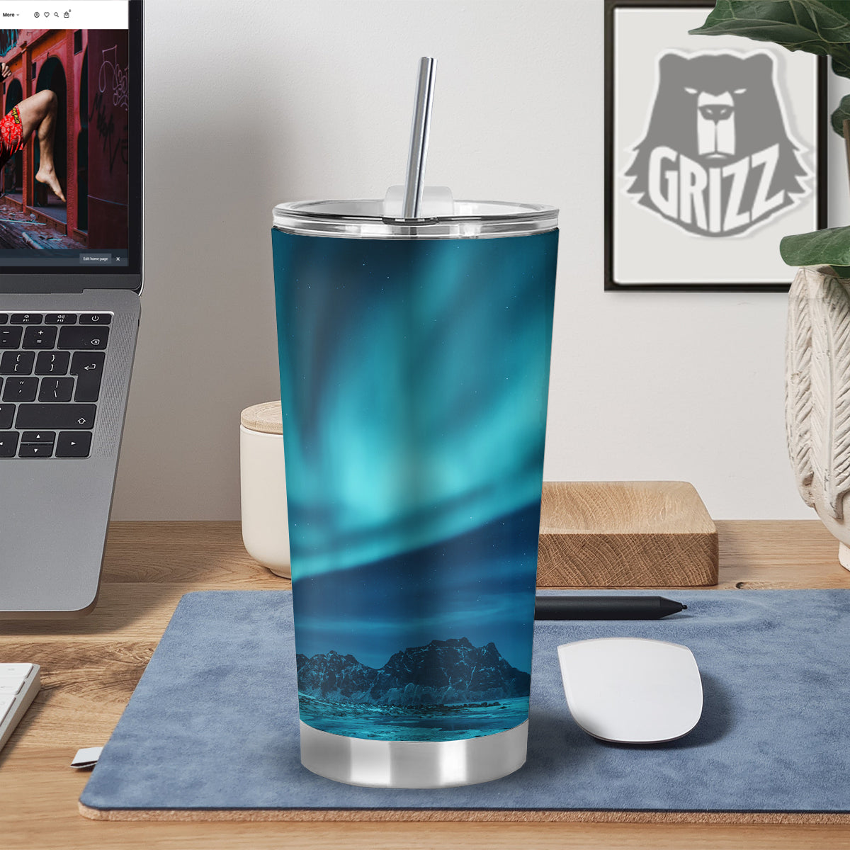 Blue Northern Lights And Mountain Print Tumbler-grizzshop