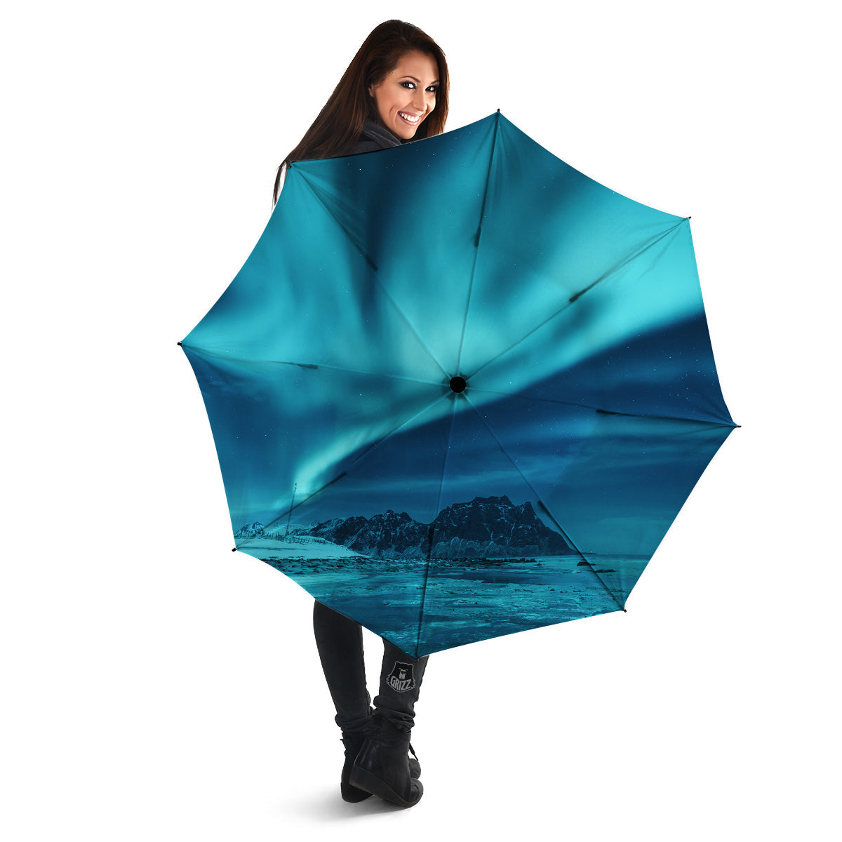 Blue Northern Lights And Mountain Print Umbrella-grizzshop