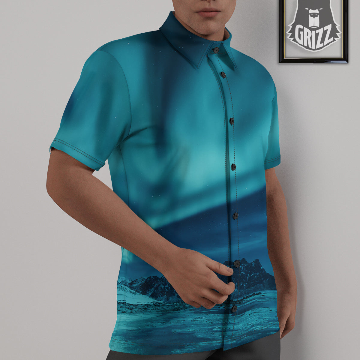Blue Northern Lights And Mountain Print Untucked Shirts-grizzshop