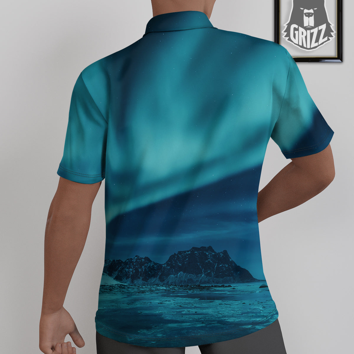 Blue Northern Lights And Mountain Print Untucked Shirts-grizzshop