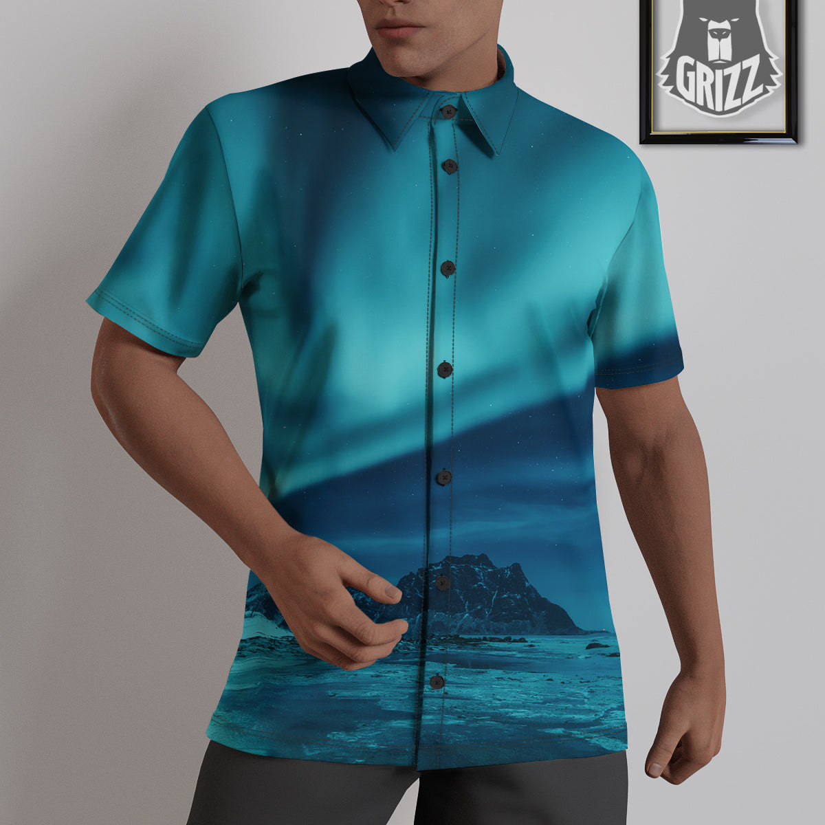 Blue Northern Lights And Mountain Print Untucked Shirts-grizzshop